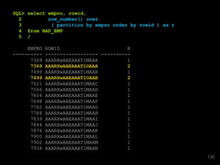 SQL> select empno, rowid,
2 row_number() over
3 ( partition by empno order by rowid ) as r
4 from BAD_EMP
5 /
EMPNO ROWID R
---------- ------------------ ----------
7369 AAARXwAAEAAATlMAAA 1
7369 AAARXwAAEAAATlOAAA 2
7499 AAARXwAAEAAATlMAAB 1
7499 AAARXwAAEAAATlOAAB 2
7521 AAARXwAAEAAATlMAAC 1
7566 AAARXwAAEAAATlMAAD 1
7654 AAARXwAAEAAATlMAAE 1
7698 AAARXwAAEAAATlMAAF 1
7782 AAARXwAAEAAATlMAAG 1
7788 AAARXwAAEAAATlMAAH 1
7839 AAARXwAAEAAATlMAAI 1
7844 AAARXwAAEAAATlMAAJ 1
7876 AAARXwAAEAAATlMAAK 1
7900 AAARXwAAEAAATlMAAL 1
7902 AAARXwAAEAAATlMAAM 1
7934 AAARXwAAEAAATlMAAN 1
130
 
