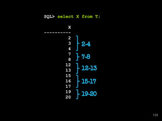 SQL> select X from T;
X
----------
2
3
4
7
8
12
13
15
16
17
19
20
2-4
7-8
12-13
15-17
19-20
135
 