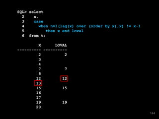SQL> select
2 x,
3 case
4 when nvl(lag(x) over (order by x),x) != x-1
5 then x end loval
6 from t;
X LOVAL
---------- ----------
2 2
3
4
7 7
8
12 12
13
15 15
16
17
19 19
20
144
 