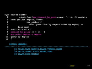 SQL> select deptno,
2 substr(max(sys_connect_by_path(ename, ',')), 2) members
3 from (select deptno, ename,
4 row_number ()
5 over (partition by deptno order by empno) rn
6 from emp)
7 start with rn = 1
8 connect by prior rn = rn - 1
9 and prior deptno = deptno
10 group by deptno
11 /
DEPTNO MEMBERS
---------- ---------------------------------------------------------
30 ALLEN,WARD,MARTIN,BLAKE,TURNER,JAMES
20 SMITH,JONES,SCOTT,ADAMS,FORD
10 CLARK,KING,MILLER
163- Anon
 
