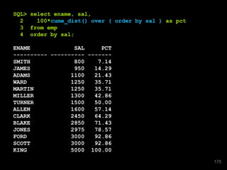 SQL> select ename, sal,
2 100*cume_dist() over ( order by sal ) as pct
3 from emp
4 order by sal;
ENAME SAL PCT
---------- ---------- -------
SMITH 800 7.14
JAMES 950 14.29
ADAMS 1100 21.43
WARD 1250 35.71
MARTIN 1250 35.71
MILLER 1300 42.86
TURNER 1500 50.00
ALLEN 1600 57.14
CLARK 2450 64.29
BLAKE 2850 71.43
JONES 2975 78.57
FORD 3000 92.86
SCOTT 3000 92.86
KING 5000 100.00
175
 