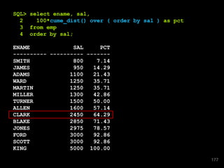 SQL> select ename, sal,
2 100*cume_dist() over ( order by sal ) as pct
3 from emp
4 order by sal;
ENAME SAL PCT
---------- ---------- -------
SMITH 800 7.14
JAMES 950 14.29
ADAMS 1100 21.43
WARD 1250 35.71
MARTIN 1250 35.71
MILLER 1300 42.86
TURNER 1500 50.00
ALLEN 1600 57.14
CLARK 2450 64.29
BLAKE 2850 71.43
JONES 2975 78.57
FORD 3000 92.86
SCOTT 3000 92.86
KING 5000 100.00
177
 