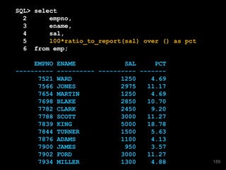 SQL> select
2 empno,
3 ename,
4 sal,
5 100*ratio_to_report(sal) over () as pct
6 from emp;
EMPNO ENAME SAL PCT
---------- ---------- ---------- -------
7521 WARD 1250 4.69
7566 JONES 2975 11.17
7654 MARTIN 1250 4.69
7698 BLAKE 2850 10.70
7782 CLARK 2450 9.20
7788 SCOTT 3000 11.27
7839 KING 5000 18.78
7844 TURNER 1500 5.63
7876 ADAMS 1100 4.13
7900 JAMES 950 3.57
7902 FORD 3000 11.27
7934 MILLER 1300 4.88 189
 
