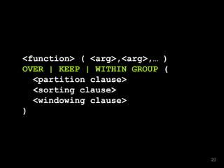 <function> ( <arg>,<arg>,… )
OVER | KEEP | WITHIN GROUP (
<partition clause>
<sorting clause>
<windowing clause>
)
20
 