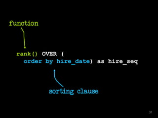 rank() OVER (
order by hire_date) as hire_seq
function
sorting clause
31
 