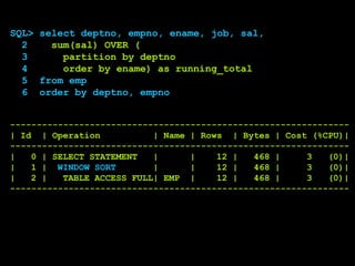 SQL> select deptno, empno, ename, job, sal,
2 sum(sal) OVER (
3 partition by deptno
4 order by ename) as running_total
5 from emp
6 order by deptno, empno
----------------------------------------------------------------
| Id | Operation | Name | Rows | Bytes | Cost (%CPU)|
----------------------------------------------------------------
| 0 | SELECT STATEMENT | | 12 | 468 | 3 (0)|
| 1 | WINDOW SORT | | 12 | 468 | 3 (0)|
| 2 | TABLE ACCESS FULL| EMP | 12 | 468 | 3 (0)|
----------------------------------------------------------------
 