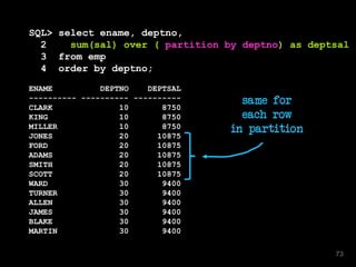 SQL> select ename, deptno,
2 sum(sal) over ( partition by deptno) as deptsal
3 from emp
4 order by deptno;
ENAME DEPTNO DEPTSAL
---------- ---------- ----------
CLARK 10 8750
KING 10 8750
MILLER 10 8750
JONES 20 10875
FORD 20 10875
ADAMS 20 10875
SMITH 20 10875
SCOTT 20 10875
WARD 30 9400
TURNER 30 9400
ALLEN 30 9400
JAMES 30 9400
BLAKE 30 9400
MARTIN 30 9400
same for
each row
in partition
73
 