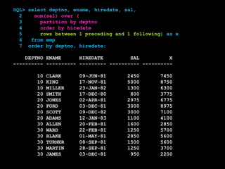 SQL> select deptno, ename, hiredate, sal,
2 sum(sal) over (
3 partition by deptno
4 order by hiredate
5 rows between 1 preceding and 1 following) as x
6 from emp
7 order by deptno, hiredate;
DEPTNO ENAME HIREDATE SAL X
---------- ---------- --------- ---------- ----------
10 CLARK 09-JUN-81 2450 7450
10 KING 17-NOV-81 5000 8750
10 MILLER 23-JAN-82 1300 6300
20 SMITH 17-DEC-80 800 3775
20 JONES 02-APR-81 2975 6775
20 FORD 03-DEC-81 3000 8975
20 SCOTT 09-DEC-82 3000 7100
20 ADAMS 12-JAN-83 1100 4100
30 ALLEN 20-FEB-81 1600 2850
30 WARD 22-FEB-81 1250 5700
30 BLAKE 01-MAY-81 2850 5600
30 TURNER 08-SEP-81 1500 5600
30 MARTIN 28-SEP-81 1250 3700
30 JAMES 03-DEC-81 950 2200
 
