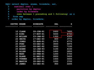 SQL> select deptno, ename, hiredate, sal,
2 sum(sal) over (
3 partition by deptno
4 order by hiredate
5 rows between 1 preceding and 1 following) as x
6 from emp
7 order by deptno, hiredate;
DEPTNO ENAME HIREDATE SAL X
---------- ---------- --------- ---------- ----------
10 CLARK 09-JUN-81 2450 7450
10 KING 17-NOV-81 5000 8750
10 MILLER 23-JAN-82 1300 6300
20 SMITH 17-DEC-80 800 3775
20 JONES 02-APR-81 2975 6775
20 FORD 03-DEC-81 3000 8975
20 SCOTT 09-DEC-82 3000 7100
20 ADAMS 12-JAN-83 1100 4100
30 ALLEN 20-FEB-81 1600 2850
30 WARD 22-FEB-81 1250 5700
30 BLAKE 01-MAY-81 2850 5600
30 TURNER 08-SEP-81 1500 5600
30 MARTIN 28-SEP-81 1250 3700
30 JAMES 03-DEC-81 950 2200
 