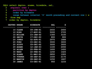SQL> select deptno, ename, hiredate, sal,
2 avg(sal) over (
3 partition by deptno
4 order by hiredate
5 range between interval '6' month preceding and current row ) x
6 from emp
7 order by deptno, hiredate;
DEPTNO ENAME HIREDATE SAL X
---------- ---------- --------- ---------- --------
10 CLARK 09-JUN-81 2450 2450
10 KING 17-NOV-81 5000 3725
10 MILLER 23-JAN-82 1300 3150
20 SMITH 17-DEC-80 800 800
20 JONES 02-APR-81 2975 1888
20 FORD 03-DEC-81 3000 3000
20 SCOTT 09-DEC-82 3000 3000
20 ADAMS 12-JAN-83 1100 2050
30 ALLEN 20-FEB-81 1600 1600
30 WARD 22-FEB-81 1250 1425
30 BLAKE 01-MAY-81 2850 1900
30 TURNER 08-SEP-81 1500 2175
30 MARTIN 28-SEP-81 1250 1867
30 JAMES 03-DEC-81 950 1233
 