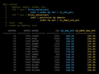 SQL> select
2 deptno, empno, ename, sal,
3 100 * sal / first_value(sal)
4 over ( order by sal ) lo_sal_pct,
5 100 * sal / first_value(sal)
6 over ( partition by deptno
7 order by sal ) lo_dept_sal_pct
8 from emp
9 order by deptno, sal;
DEPTNO EMPNO ENAME SAL
---------- ---------- ---------- ----------
10 7782 CLARK 2450
10 7839 KING 5000
20 7369 SMITH 800
20 7876 ADAMS 1100
20 7566 JONES 2975
20 7902 FORD 3000
20 7788 SCOTT 3000
30 7900 JAMES 950
30 7521 WARD 1250
30 7654 MARTIN 1250
30 7844 TURNER 1500
30 7499 ALLEN 1600
30 7698 BLAKE 2850
40 7934 MILLER 1300
LO_SAL_PCT
----------
306.25
625.00
100.00
137.50
371.88
375.00
375.00
118.75
156.25
156.25
187.50
200.00
356.25
162.50
LO_DEPT_SAL_PCT
---------------
100.00
204.08
100.00
137.50
371.88
375.00
375.00
100.00
131.58
131.58
157.89
168.42
300.00
100.00
 