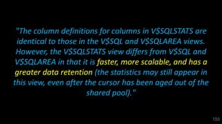 "The column definitions for columns in V$SQLSTATS are
identical to those in the V$SQL and V$SQLAREA views.
However, the V$SQLSTATS view differs from V$SQL and
V$SQLAREA in that it is faster, more scalable, and has a
greater data retention (the statistics may still appear in
this view, even after the cursor has been aged out of the
shared pool)."
155
 