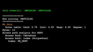 175
Join order[1]: EMP[E]#0 DEPT[D]#1
***************
Now joining: DEPT[D]#1
***************
NL Join
Outer table: Card: 0.70 Cost: 4.00 Resp: 4.00 Degree: 1
Bytes: 13
Access path analysis for DEPT
Access Path: TableScan
Access Path: index (UniqueScan)
Index: PK_DEPT
 