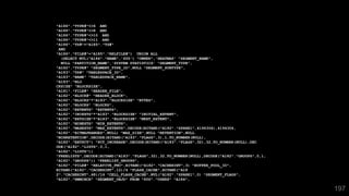 197
"A186"."TYPE#"<>6 AND
"A186"."TYPE#"<>8 AND
"A186"."TYPE#"<>10 AND
"A186"."TYPE#"<>11 AND
"A186"."TS#"="A185"."TS#"
AND
"A186"."FILE#"="A185"."RELFILE#") UNION ALL
(SELECT NVL("A184"."NAME",'SYS') "OWNER",'HEATMAP' "SEGMENT_NAME",
NULL "PARTITION_NAME",'SYSTEM STATISTICS' "SEGMENT_TYPE",
"A182"."TYPE#" "SEGMENT_TYPE_ID",NULL "SEGMENT_SUBTYPE",
"A183"."TS#" "TABLESPACE_ID",
"A183"."NAME" "TABLESPACE_NAME",
"A183"."BLO
CKSIZE" "BLOCKSIZE",
"A181"."FILE#" "HEADER_FILE",
"A182"."BLOCK#" "HEADER_BLOCK",
"A182"."BLOCKS"*"A183"."BLOCKSIZE" "BYTES",
"A182"."BLOCKS" "BLOCKS",
"A182"."EXTENTS" "EXTENTS",
"A182"."INIEXTS"*"A183"."BLOCKSIZE" "INITIAL_EXTENT",
"A182"."EXTSIZE"*"A183"."BLOCKSIZE" "NEXT_EXTENT",
"A182"."MINEXTS" "MIN_EXTENTS",
"A182"."MAXEXTS" "MAX_EXTENTS",DECODE(BITAND("A182"."SPARE1",4194304),4194304,
"A182"."BITMAPRANGES",NULL) "MAX_SIZE",NULL "RETENTION",NULL
"MINRETENTION",DECODE(BITAND("A183"."FLAGS",3),1,TO_NUMBER(NULL),
"A182"."EXTPCT") "PCT_INCREASE",DECODE(BITAND("A183"."FLAGS",32),32,TO_NUMBER(NULL),DEC
ODE("A182"."LISTS",0,1,
"A182"."LISTS"))
"FREELISTS",DECODE(BITAND("A183"."FLAGS",32),32,TO_NUMBER(NULL),DECODE("A182"."GROUPS",0,1,
"A182"."GROUPS")) "FREELIST_GROUPS",
"A182"."FILE#" "RELATIVE_FNO",BITAND("A182"."CACHEHINT",3) "BUFFER_POOL_ID",
BITAND("A182"."CACHEHINT",12)/4 "FLASH_CACHE",BITAND("A18
2"."CACHEHINT",48)/16 "CELL_FLASH_CACHE",NVL("A182"."SPARE1",0) "SEGMENT_FLAGS",
"A182"."HWMINCR" "SEGMENT_OBJD" FROM "SYS"."USER$" "A184",
 