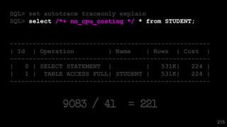 215
SQL> set autotrace traceonly explain
SQL> select /*+ no_cpu_costing */ * from STUDENT;
-----------------------------------------------------
| Id | Operation | Name | Rows | Cost |
-----------------------------------------------------
| 0 | SELECT STATEMENT | | 531K| 224 |
| 1 | TABLE ACCESS FULL| STUDENT | 531K| 224 |
-----------------------------------------------------
9083 / 41 = 221
 