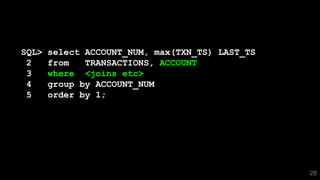28
SQL> select ACCOUNT_NUM, max(TXN_TS) LAST_TS
2 from TRANSACTIONS, ACCOUNT
3 where <joins etc>
4 group by ACCOUNT_NUM
5 order by 1;
 