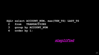 29
SQL> select ACCOUNT_NUM, max(TXN_TS) LAST_TS
2 from TRANSACTIONS
3 group by ACCOUNT_NUM
4 order by 1;
simplified
 