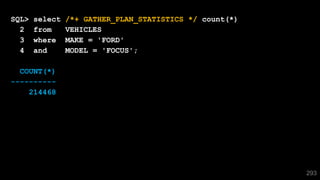 293
SQL> select /*+ GATHER_PLAN_STATISTICS */ count(*)
2 from VEHICLES
3 where MAKE = 'FORD'
4 and MODEL = 'FOCUS';
COUNT(*)
----------
214468
293
 