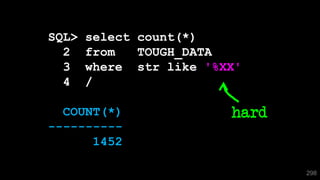 298
SQL> select count(*)
2 from TOUGH_DATA
3 where str like '%XX'
4 /
COUNT(*)
----------
1452
hard
 