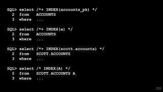 332
SQL> select /*+ INDEX(accounts_pk) */
2 from ACCOUNTS
3 where ...
SQL> select /*+ INDEX(a) */
2 from ACCOUNTS
3 where ...
SQL> select /*+ INDEX(scott.accounts) */
2 from SCOTT.ACCOUNTS
3 where ...
SQL> select /* INDEX(A) */
2 from SCOTT.ACCOUNTS A
3 where ...
 