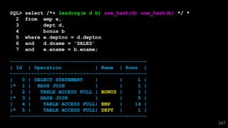 347
SQL> select /*+ leading(e d b) use_hash(d) use_hash(b) */ *
2 from emp e,
3 dept d,
4 bonus b
5 where e.deptno = d.deptno
6 and d.dname = 'SALES'
7 and e.ename = b.ename;
---------------------------------------------
| Id | Operation | Name | Rows |
---------------------------------------------
| 0 | SELECT STATEMENT | | 1 |
|* 1 | HASH JOIN | | 1 |
| 2 | TABLE ACCESS FULL | BONUS | 1 |
|* 3 | HASH JOIN | | 5 |
| 4 | TABLE ACCESS FULL| EMP | 14 |
|* 5 | TABLE ACCESS FULL| DEPT | 1 |
---------------------------------------------
 