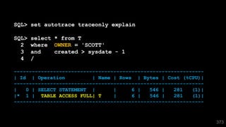 373
SQL> set autotrace traceonly explain
SQL> select * from T
2 where OWNER = 'SCOTT'
3 and created > sysdate - 1
4 /
---------------------------------------------------------------
| Id | Operation | Name | Rows | Bytes | Cost (%CPU)|
---------------------------------------------------------------
| 0 | SELECT STATEMENT | | 6 | 546 | 281 (1)|
|* 1 | TABLE ACCESS FULL| T | 6 | 546 | 281 (1)|
---------------------------------------------------------------
 