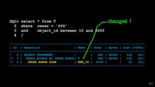 381
SQL> select * from T
2 where owner = 'SYS'
3 and object_id between 10 and 8000
4 /
---------------------------------------------------------------------------
| Id | Operation | Name | Rows | Bytes | Cost (%CPU)|
---------------------------------------------------------------------------
| 0 | SELECT STATEMENT | | 462 | 42042 | 122 (0)|
|* 1 | TABLE ACCESS BY INDEX ROWID| T | 462 | 42042 | 122 (0)|
|* 2 | INDEX RANGE SCAN | NEW_IX | 4105 | | 10 (0)|
---------------------------------------------------------------------------
changed !
 