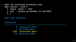 382
SQL> set autotrace traceonly stat
SQL> select * from T
2 where owner = 'SYS'
3 and object_id between 10 and 8000
4 /
4967 rows selected.
Statistics
------------------------------------------------------
0 recursive calls
0 db block gets
1522 consistent gets
62 physical reads
 