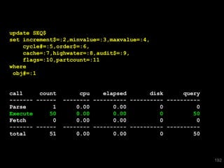 192 
update SEQ$ 
set increment$=:2,minvalue=:3,maxvalue=:4, 
cycle#=:5,order$=:6, 
cache=:7,highwater=:8,audit$=:9, 
flags=:10,partcount=:11 
where 
obj#=:1 
call count cpu elapsed disk query 
------- ------ -------- ---------- ---------- ---------- 
Parse 1 0.00 0.00 0 0 
Execute 50 0.00 0.00 0 50 
Fetch 0 0.00 0.00 0 0 
------- ------ -------- ---------- ---------- ---------- 
total 51 0.00 0.00 0 50 
 