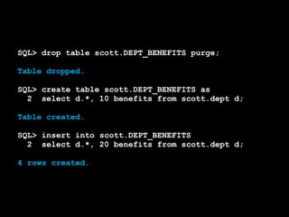 SQL> drop table scott.DEPT_BENEFITS purge; 
Table dropped. 
SQL> create table scott.DEPT_BENEFITS as 
2 select d.*, 10 benefits from scott.dept d; 
Table created. 
SQL> insert into scott.DEPT_BENEFITS 
2 select d.*, 20 benefits from scott.dept d; 
4 rows created. 
 