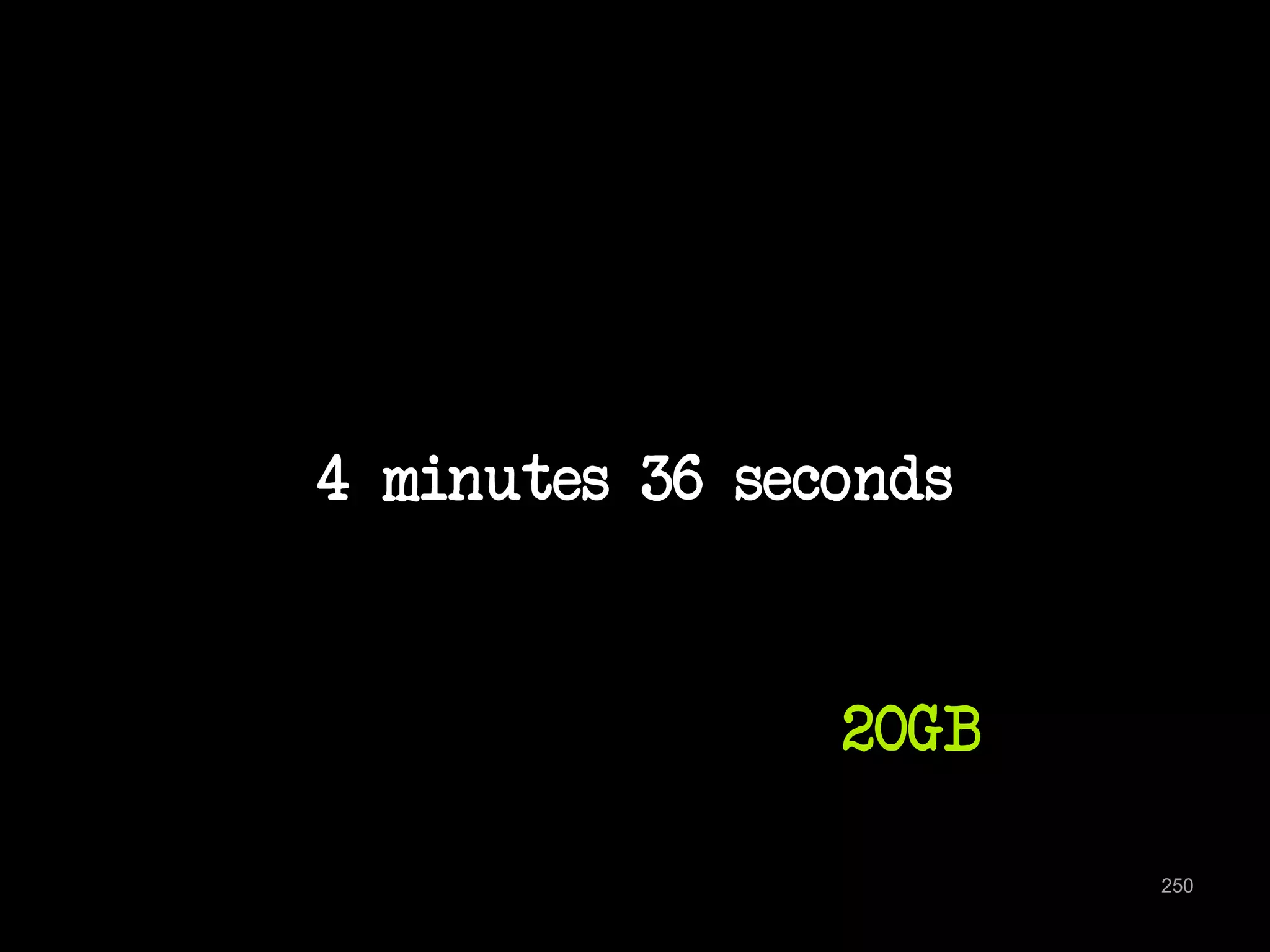 4 minutes 36 seconds 
250 
20GB 
 