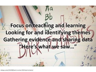 Focus on teaching and learning 
Looking for and identifying themes 
Gathering evidence and sharing data 
“Here’s what we saw…” 
dialog.ua.edu/2010/08/back-to-school-2010-back-to-basics/ 
 