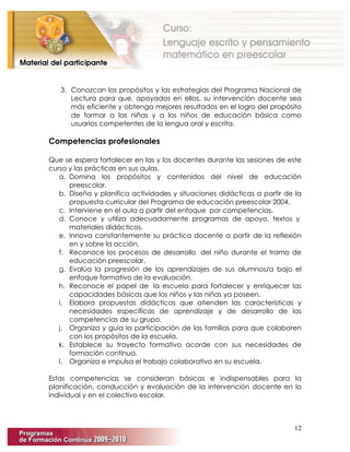 12
3. Conozcan los propósitos y las estrategias del Programa Nacional de
Lectura para que, apoyados en ellos, su intervención docente sea
más eficiente y obtenga mejores resultados en el logro del propósito
de formar a las niñas y a los niños de educación básica como
usuarios competentes de la lengua oral y escrita.
Competencias profesionales
Que se espera fortalecer en las y los docentes durante las sesiones de este
curso y las prácticas en sus aulas.
a. Domina los propósitos y contenidos del nivel de educación
preescolar.
b. Diseña y planifica actividades y situaciones didácticas a partir de la
propuesta curricular del Programa de educación preescolar 2004.
c. Interviene en el aula a partir del enfoque por competencias.
d. Conoce y utiliza adecuadamente programas de apoyo, textos y
materiales didácticos.
e. Innova constantemente su práctica docente a partir de la reflexión
en y sobre la acción.
f. Reconoce los procesos de desarrollo del niño durante el tramo de
educación preescolar.
g. Evalúa la progresión de los aprendizajes de sus alumnos/a bajo el
enfoque formativo de la evaluación.
h. Reconoce el papel de la escuela para fortalecer y enriquecer las
capacidades básicas que los niños y las niñas ya poseen.
i. Elabora propuestas didácticas que atienden las características y
necesidades específicas de aprendizaje y de desarrollo de las
competencias de su grupo.
j. Organiza y guía la participación de las familias para que colaboren
con los propósitos de la escuela.
k. Establece su trayecto formativo acorde con sus necesidades de
formación continua.
l. Organiza e impulsa el trabajo colaborativo en su escuela.
Estas competencias se consideran básicas e indispensables para la
planificación, conducción y evaluación de la intervención docente en lo
individual y en el colectivo escolar.
 