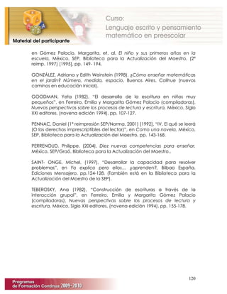 120
en Gómez Palacio, Margarita, et. al. El niño y sus primeros años en la
escuela, México, SEP, Biblioteca para la Actualización del Maestro, (2ª
reimp. 1997) [1995], pp. 149- 194.
GONZÁLEZ, Adriana y Edith Weinstein (1998), ¿Cómo enseñar matemáticas
en el jardín? Número, medida, espacio, Buenos Aires, Colihue (nuevos
caminos en educación inicial).
GOODMAN, Yeta (1982), “El desarrollo de la escritura en niños muy
pequeños”, en Ferreiro, Emilia y Margarita Gómez Palacio (compiladoras),
Nuevas perspectivas sobre los procesos de lectura y escritura, México, Siglo
XXI editores, (novena edición 1994), pp. 107-127.
PENNAC, Daniel (1ª reimpresión SEP/Norma, 2001) [1992], “IV. El qué se leerá
(O los derechos imprescriptibles del lector)”, en Como una novela, México,
SEP, Biblioteca para la Actualización del Maestro, pp. 143-168.
PERRENOUD, Philippe, (2004), Diez nuevas competencias para enseñar,
México, SEP/Graó, Biblioteca para la Actualización del Maestro,.
SAINT- ONGE, Michel, (1997), “Desarrollar la capacidad para resolver
problemas”, en Yo explico pero ellos… ¿aprenden?, Bilbao España,
Ediciones Mensajero, pp.124-128. (También está en la Biblioteca para la
Actualización del Maestro de la SEP).
TEBEROSKY, Ana (1982), “Construcción de escrituras a través de la
interacción grupal”, en Ferreiro, Emilia y Margarita Gómez Palacio
(compiladoras), Nuevas perspectivas sobre los procesos de lectura y
escritura, México, Siglo XXI editores, (novena edición 1994), pp. 155-178.
 