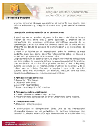 129
leyendo, así como observar sus acciones al momento que ocurría, para
más tarde identificar y categorizar las formas de ayuda y enseñanza entre
ellos.
Descripción, análisis y reflexión de las observaciones
A continuación se describen algunas de las formas de interacción que
realizan los niños entre ellos y como aprenden y enseñan de sus
compañeros. Las relaciones registradas ejemplifican algunos de los
aprendizajes que se dan entre los alumnos dentro de las aulas en una
ambiente en donde se propicia la comunicación y el intercambio de
materiales.
El valor y la riqueza de las interacciones entre los alumnos se hace
evidente, para que como docentes reflexionemos sobre su riqueza e
importancia y las propiciemos en nuestras aulas.
Después de realizar las observaciones, la pregunta central del trabajo abrió
tres tipos posibles de respuesta: éstas se desprendieron de las interacciones
que entablaron los cuatro niños (Sandra, Fabiola, Carlos y Riquelmy)
durante la escritura de: sus recetas, de las envolturas de los dulces y de las
bolsas para las paletas. Después de registrar lo que había sucedido
durante estas tres actividades de escritura, descubrí que los niños
establecieron las siguientes relaciones de aprendizaje:
1. Formas de ayuda entre ellos:
A. Preguntan / Contestan.
B. Observan a los otros.
C. Muestran y Ejemplifican.
D. Escuchan – Preguntan / Comentan.
2. Formas de exhibir conocimiento:
A. Viendo y comentando el trabajo de otros.
B. Presenciando la participación de otro y utilizando la como modelo.
3. Confrontando ideas
A. Discusión – argumentación
A continuación se ejemplificarán cada una de las interacciones
observadas durante las tres actividades de escritura propuestas para
descubrir la diversa información que intercambian los cuatro niños y la
 