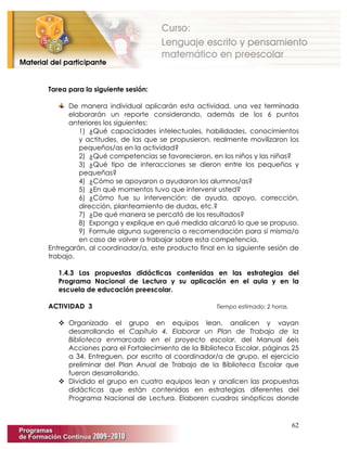 62
Tarea para la siguiente sesión:
De manera individual aplicarán esta actividad, una vez terminada
elaborarán un reporte considerando, además de los 6 puntos
anteriores los siguientes:
1) ¿Qué capacidades intelectuales, habilidades, conocimientos
y actitudes, de las que se propusieron, realmente movilizaron los
pequeños/as en la actividad?
2) ¿Qué competencias se favorecieron, en los niños y las niñas?
3) ¿Qué tipo de interacciones se dieron entre los pequeños y
pequeñas?
4) ¿Cómo se apoyaron o ayudaron los alumnos/as?
5) ¿En qué momentos tuvo que intervenir usted?
6) ¿Cómo fue su intervención: de ayuda, apoyo, corrección,
dirección, planteamiento de dudas, etc.?
7) ¿De qué manera se percató de los resultados?
8) Exponga y explique en qué medida alcanzó lo que se propuso.
9) Formule alguna sugerencia o recomendación para sí misma/o
en caso de volver a trabajar sobre esta competencia.
Entregarán, al coordinador/a, este producto final en la siguiente sesión de
trabajo.
1.4.3 Las propuestas didácticas contenidas en las estrategias del
Programa Nacional de Lectura y su aplicación en el aula y en la
escuela de educación preescolar.
ACTIVIDAD 3 Tiempo estimado: 2 horas.
 Organizado el grupo en equipos lean, analicen y vayan
desarrollando el Capítulo 4. Elaborar un Plan de Trabajo de la
Biblioteca enmarcado en el proyecto escolar, del Manual 6eis
Acciones para el Fortalecimiento de la Biblioteca Escolar, páginas 25
a 34. Entreguen, por escrito al coordinador/a de grupo, el ejercicio
preliminar del Plan Anual de Trabajo de la Biblioteca Escolar que
fueron desarrollando.
 Dividido el grupo en cuatro equipos lean y analicen las propuestas
didácticas que están contenidas en estrategias diferentes del
Programa Nacional de Lectura. Elaboren cuadros sinópticos donde
 