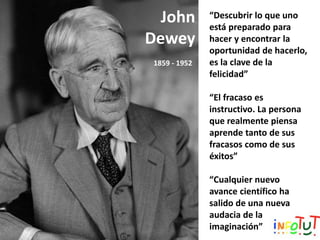 “Descubrir lo que uno
está preparado para
hacer y encontrar la
oportunidad de hacerlo,
es la clave de la
felicidad”
“El fracaso es
instructivo. La persona
que realmente piensa
aprende tanto de sus
fracasos como de sus
éxitos”
“Cualquier nuevo
avance científico ha
salido de una nueva
audacia de la
imaginación”
John
Dewey
1859 - 1952
 