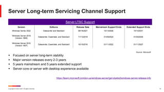 Copyright © 2024 Ivanti. All rights reserved. 15
Server Long-term Servicing Channel Support
Server LTSC Support
Version Editions Release Date Mainstream Support Ends Extended Support Ends
Windows Server 2022 Datacenter and Standard 08/18/2021 10/13/2026 10/14/2031
Windows Server 2019
(Version 1809)
Datacenter, Essentials, and Standard 11/13/2018 01/09/2024 01/09/2029
Windows Server 2016
(Version 1607)
Datacenter, Essentials, and Standard 10/15/2016 01/11/2022 01/11/2027
https://learn.microsoft.com/en-us/windows-server/get-started/windows-server-release-info
▪ Focused on server long-term stability
▪ Major version releases every 2-3 years
▪ 5 years mainstream and 5 years extended support
▪ Server core or server with desktop experience available
Source: Microsoft
 