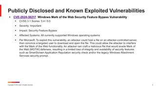 Copyright © 2024 Ivanti. All rights reserved. 6
▪ CVE-2024-38217 Windows Mark of the Web Security Feature Bypass Vulnerability
▪ CVSS 3.1 Scores: 5.4 / 5.0
▪ Severity: Important
▪ Impact: Security Feature Bypass
▪ Affected Systems: All currently supported Windows operating systems
▪ Per Microsoft: To exploit this vulnerability, an attacker could host a file on an attacker-controlled server,
then convince a targeted user to download and open the file. This could allow the attacker to interfere
with the Mark of the Web functionality. An attacker can craft a malicious file that would evade Mark of
the Web (MOTW) defenses, resulting in a limited loss of integrity and availability of security features
such as SmartScreen Application Reputation security check and/or the legacy Windows Attachment
Services security prompt.
Publicly Disclosed and Known Exploited Vulnerabilities
 