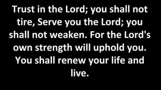 Trust in the Lord; you shall not
tire, Serve you the Lord; you
shall not weaken. For the Lord's
own strength will uphold you.
You shall renew your life and
live.
 
