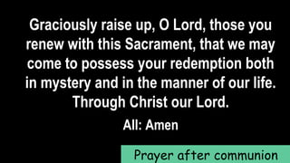 Graciously raise up, O Lord, those you
renew with this Sacrament, that we may
come to possess your redemption both
in mystery and in the manner of our life.
Through Christ our Lord.
All: Amen
Prayer after communion
 