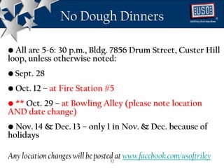 No Dough Dinners                                    ®




• All are 5-6: 30 p.m., Bldg. 7856 Drum Street, Custer Hill
loop, unless otherwise noted:
• Sept. 28
• Oct. 12 – at Fire Station #5
• ** Oct. 29 – at Bowling Alley (please note location
AND date change)
• Nov. 14 & Dec. 13 – only 1 in Nov. & Dec. because of
holidays

Any location changes will be posted at www.facebook.com/usoftriley
                                  32
 