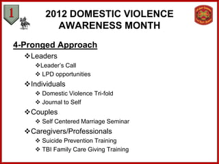 2012 DOMESTIC VIOLENCE
          AWARENESS MONTH
4-Pronged Approach
  Leaders
     Leader’s Call
      LPD opportunities
  Individuals
      Domestic Violence Tri-fold
      Journal to Self
  Couples
      Self Centered Marriage Seminar
  Caregivers/Professionals
      Suicide Prevention Training
      TBI Family Care Giving Training
 
