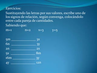 Ejercicios:Sustituyendo las letras por sus valores, escribe uno de los signos de relación, según convenga, colocándolo entre cada pareja de cantidades.Sabiendo que:m=1               n=2         x=3          y=5 5m ______________ 3x6n  ______________ 3y2n  ______________ 2x5x  ______________ 8m16m _____________ 3y4y  ______________ 12n