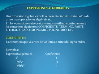 EXPRESIONES ALGEBRAICAS Una expresión algebraica es la representación de un símbolo o de una o más operaciones algebraicas.En las operaciones algebraicas vamos a utilizar continuamente los conceptos siguientes: COEFICIENTE, TÉRMINO, PARTE LITERAL, GRADO, MONOMIO, POLINOMIO, ETC. COEFICIENTE:Es el número que va antes de las letras o antes del signo radical. Ejemplos:Expresión algebraica		Coeficiente	x³				 1         	-5x²y⁴				-5	-a⁶b⁷c⁵				-1