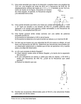 11.- Una onda senoidal que viaja en la dirección x positiva tiene una amplitud de
15,0 cm, una longitud de onda de 40,0 cm y frecuencia de 8,00 Hz. El
desplazamiento vertical del medio en t = 0 y x = 0 también es de 15,0 cm,
como se ilustra en la figura. Encuentre el número
de onda angular, el periodo, la frecuencia angular
y la velocidad de la onda.
12.- Una cuerda tensada que tiene una masa por unidad de longitud de µ = 5,00
x 10-2
kg/m se somete a una tensión de 80,0 N ¿Cuánta potencia debe
aplicarse a la cuerda para generar ondas senoidales a una frecuencia de
60,0 Hz y una amplitud de 6,00 cm?
13.- Una fuente puntual emite ondas sonoras con una salida de potencia
promedio de 80,0 w
a) Encuentre la intensidad a 3,00 m de la fuente
b) Encuentre la distancia a la cual el sonido se reduce a un nivel de 40 dB
14.- Un tren que se mueve con una velocidad de 40 m/s suena su silbato, el cual
tiene una frecuencia de 500 Hz. Determine las frecuencias escuchadas por
un observador estacionario a medida que el tren se aproxima s él y cuando
pasa y se aleja del observador.
15.- a) ¿En qué consiste el efecto Doppler?
b) ¿Qué relación existe entre el efecto Doppler y la teoría de la expansión
del universo?
c) Si una ambulancia se acerca a usted que esta en reposo, a 50 km/h y
emite una frecuencia de 440 Hz. ¿Cuál es la frecuencia que usted
percibe?
d) Deducir la relación que usa
16.- Escriba las ecuaciones diferenciales para el M.A.S y las soluciones finales
para cada uno de los casos.
Profesor del curso: Lic. Percy Victor Cañote Fajardo
y(cm)
40,0 cm
15,0 cm
x(cm)
R
M
M k
7
 