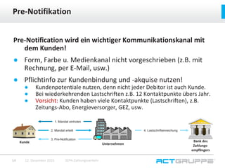 Pre-Notification wird ein wichtiger Kommunikationskanal mit
dem Kunden!
● Form, Farbe u. Medienkanal nicht vorgeschrieben (z.B. mit
Rechnung, per E-Mail, usw.)
● Pflichtinfo zur Kundenbindung und -akquise nutzen!
● Kundenpotentiale nutzen, denn nicht jeder Debitor ist auch Kunde.
● Bei wiederkehrenden Lastschriften z.B. 12 Kontaktpunkte übers Jahr.
● Vorsicht: Kunden haben viele Kontaktpunkte (Lastschriften), z.B.
Zeitungs-Abo, Energieversorger, GEZ, usw.
Pre-Notifikation
12. Dezember 2015 SEPA-Zahlungsverkehr14
Kunde Unternehmen
Bank des
Zahlungs-
empfängers
1. Mandat einholen
2. Mandat erteilt
3. Pre-Notification
4. Lastschrifteinreichung
 