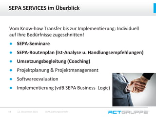 Vom Know-how Transfer bis zur Implementierung: Individuell
auf Ihre Bedürfnisse zugeschnitten!
● SEPA-Seminare
● SEPA-Routenplan (Ist-Analyse u. Handlungsempfehlungen)
● Umsetzungsbegleitung (Coaching)
● Projektplanung & Projektmanagement
● Softwareevaluation
● Implementierung (vdB SEPA Business Logic)
SEPA SERVICES im Überblick
12. Dezember 2015 SEPA-Zahlungsverkehr19
 