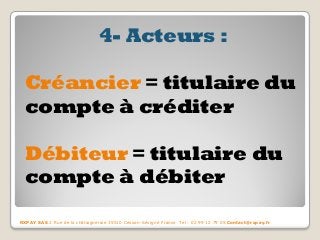 4- Acteurs : 
Créancier = titulaire du compte à créditer 
Débiteur = titulaire du compte à débiter 
RXPAY SAS 2 Rue de la châtaigneraie 35510 Cesson-Sévigné France Tel : 02 99 12 79 05 Contact@rxpay.fr  