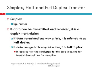 Simplex, Half and Full Duplex Transfer
Prepared By: Ms. K. D. Patil, Dept. of Information Technology, Sanjivani
COE, Kopargaon
9
 Simplex
 Eg. Printer
 If data can be transmitted and received, it is a
duplex transmission
 If data transmitted one way a time, it is referred to as
half duplex
 If data can go both ways at a time, it is full duplex
 It requires two wire conductors for the data lines, one for
transmission and one for reception
 